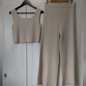 Sincerely Jules 2pcs Cream Ribbed Wide Leg Pants and Crop Top Sz XL